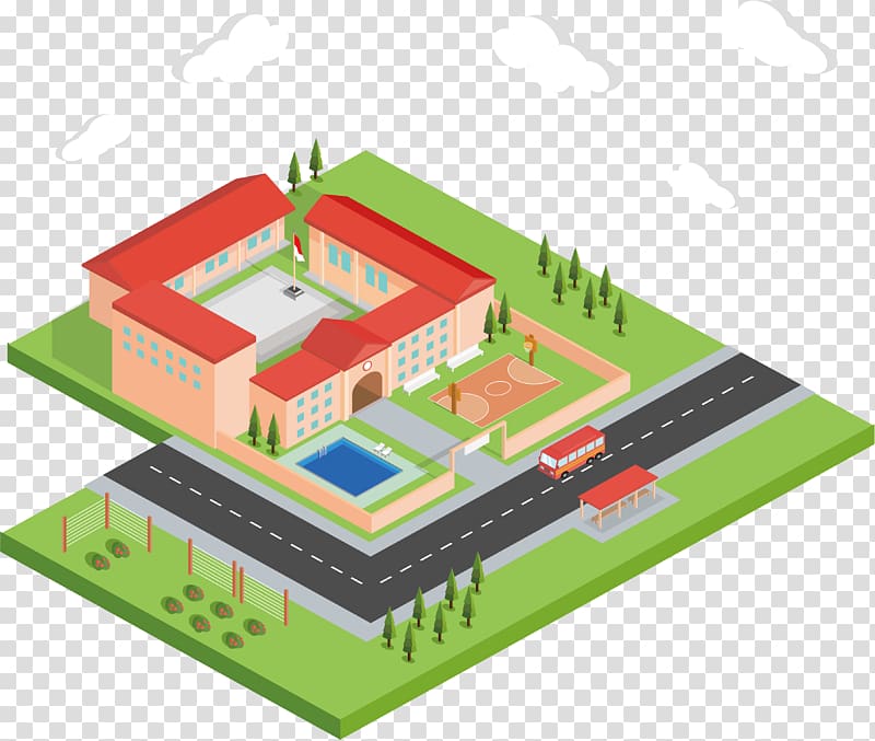 Isometric projection Building Campus Illustration, stereoscopic school model transparent background PNG clipart