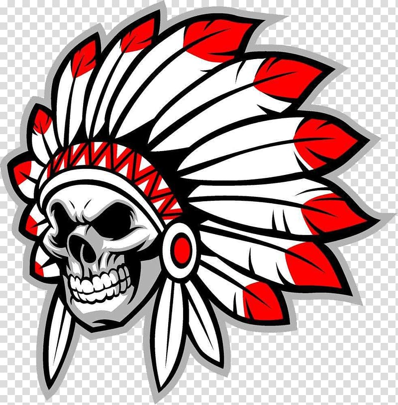 red and white war bonnet illustration, Native Americans in the United States Tribal chief Cartoon , Skeleton natives transparent background PNG clipart