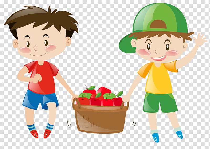 Child Play Illustration, Cartoon hand painted a basket of apples boy transparent background PNG clipart