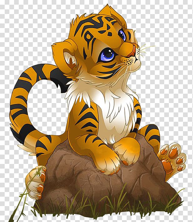 Tiger Cartoon , Cute Little Tiger Cartoon, tiger cub on rock graphic sticker transparent background PNG clipart