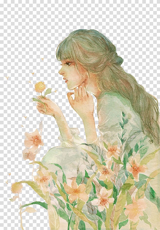 green haired woman holding flower , Watercolor painting Drawing Art Fashion illustration Illustration, Hand-drawn illustration beautiful girl transparent background PNG clipart