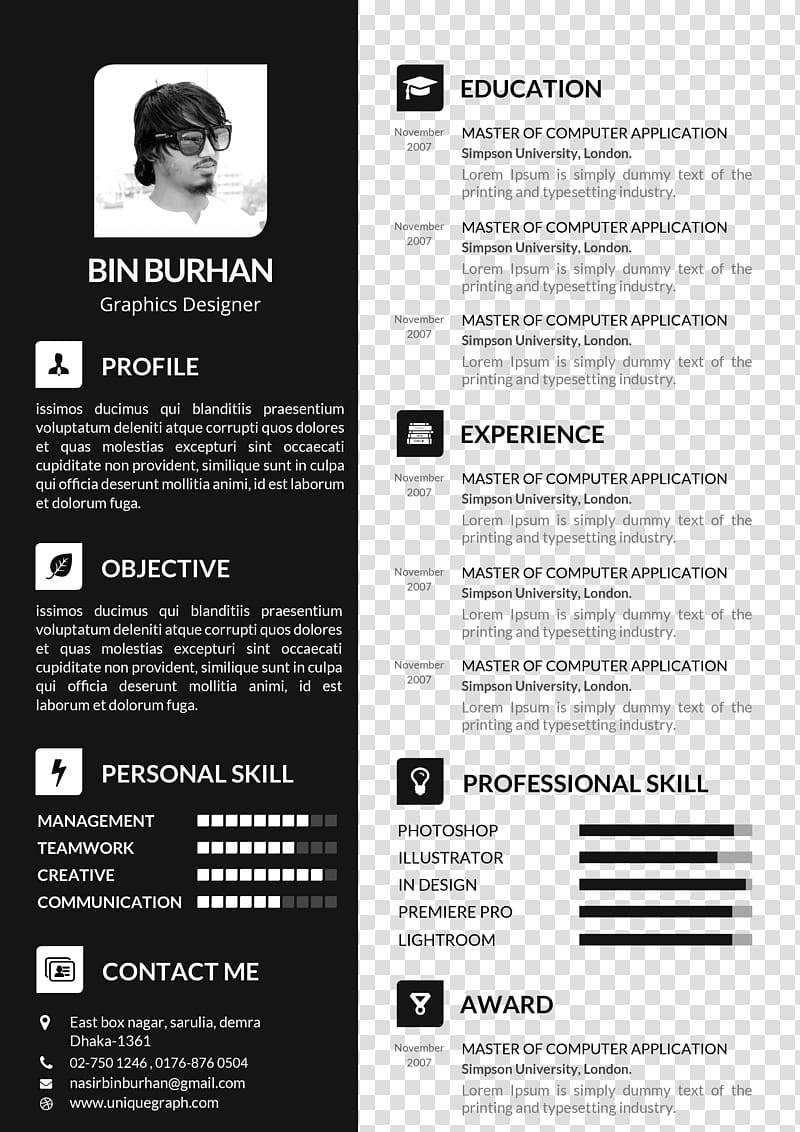 Bin Burhan profile, Résumé Template Curriculum vitae Cover letter, Black resume template transparent background PNG clipart