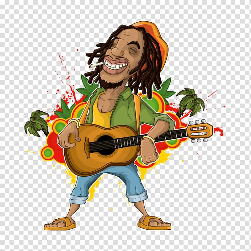 man in green jacket with guitar illustration, Rastafari Cartoon Reggae Illustration, Guitar man transparent background PNG clipart