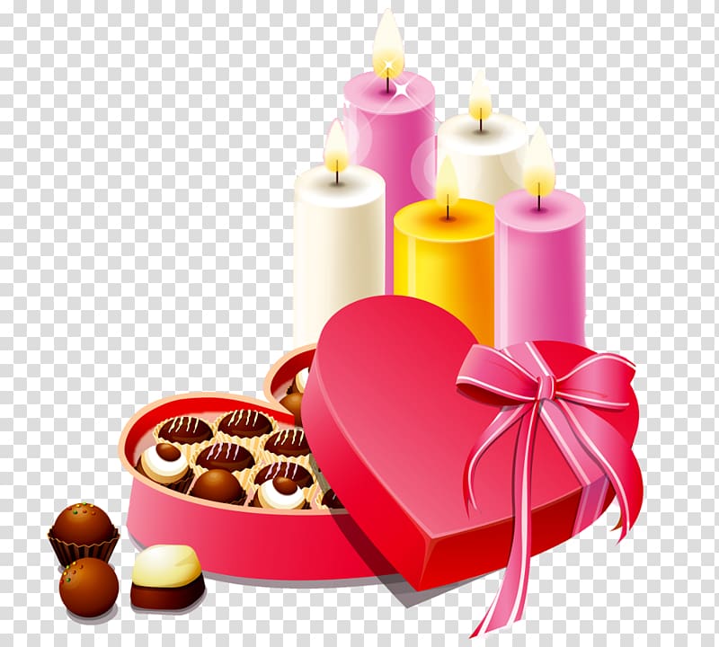 assorted chocolates illustration, Gift Valentine\'s Day Chocolate, Pink Heart Box of Chocolates and Candles transparent background PNG clipart