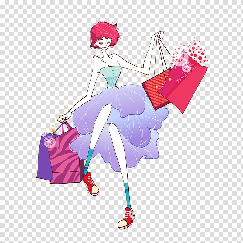 Woman Shopping Cartoon Illustration, Fashion Shopping Girl transparent background PNG clipart