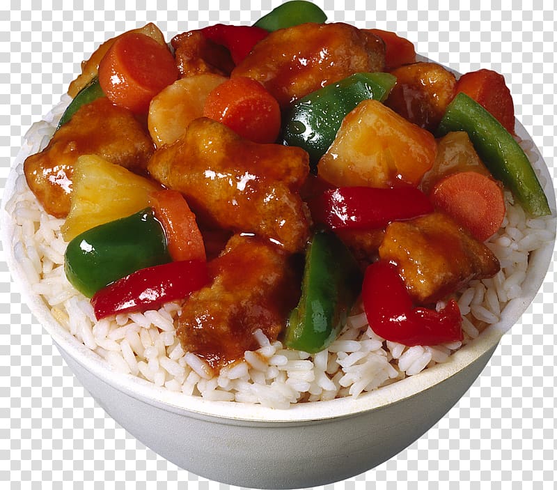 Sweet and sour chicken Chinese cuisine Chicken meat, rice transparent background PNG clipart