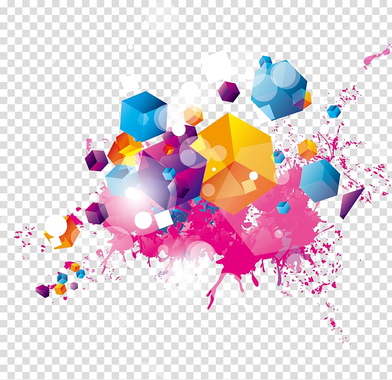 yellow, pink, and blue abstract painting, Color Illustration, Colorful Cube transparent background PNG clipart