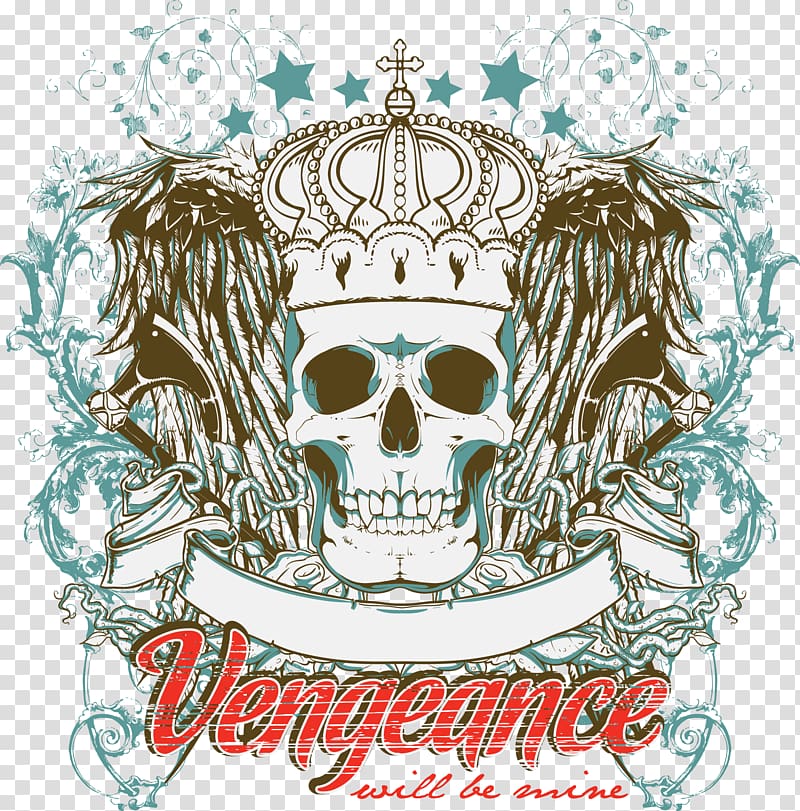 Vengeance will be mine illustration, Skull wearing a crown transparent background PNG clipart