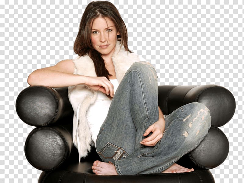 woman wearing white top and blue denim pants sitting on black sofa chair, Evangeline Lilly In Chair transparent background PNG clipart