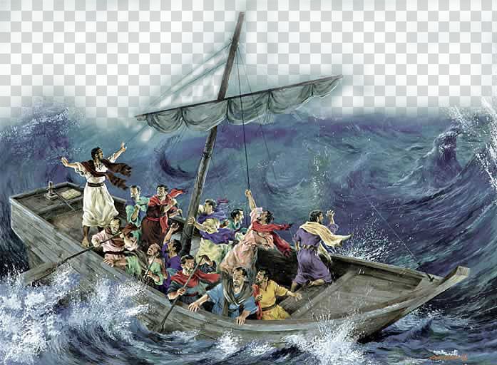 painting of people on boat, Gospel of Matthew Bible Wind wave Discepolo Shangdi, In the storm before the line transparent background PNG clipart