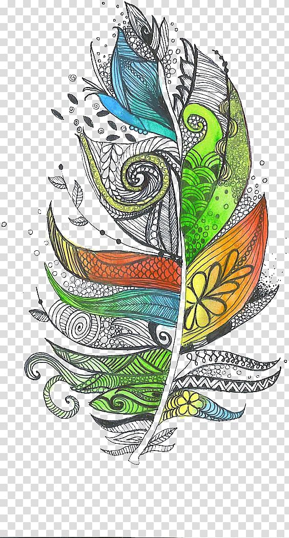green, orange, and black feather illustration, Zentangle The Enchanted Forest Feather Doodle Drawing, feather transparent background PNG clipart
