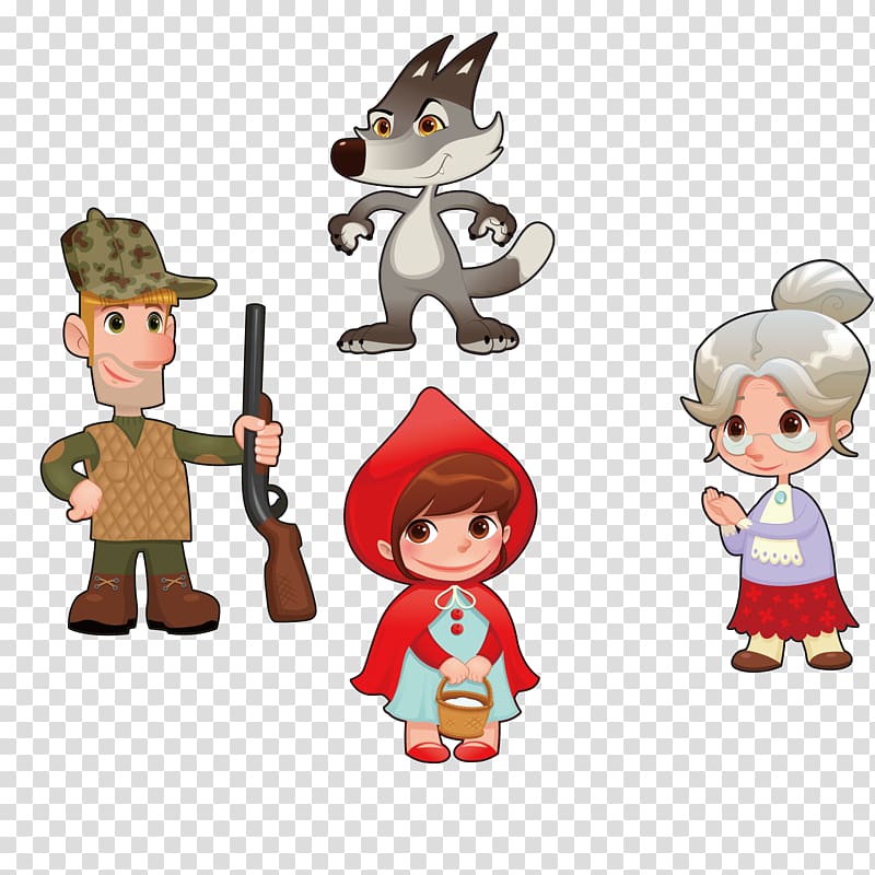four cartoon characters, Little Red Riding Hood Cartoon Character Illustration, Little Red Hat Story transparent background PNG clipart