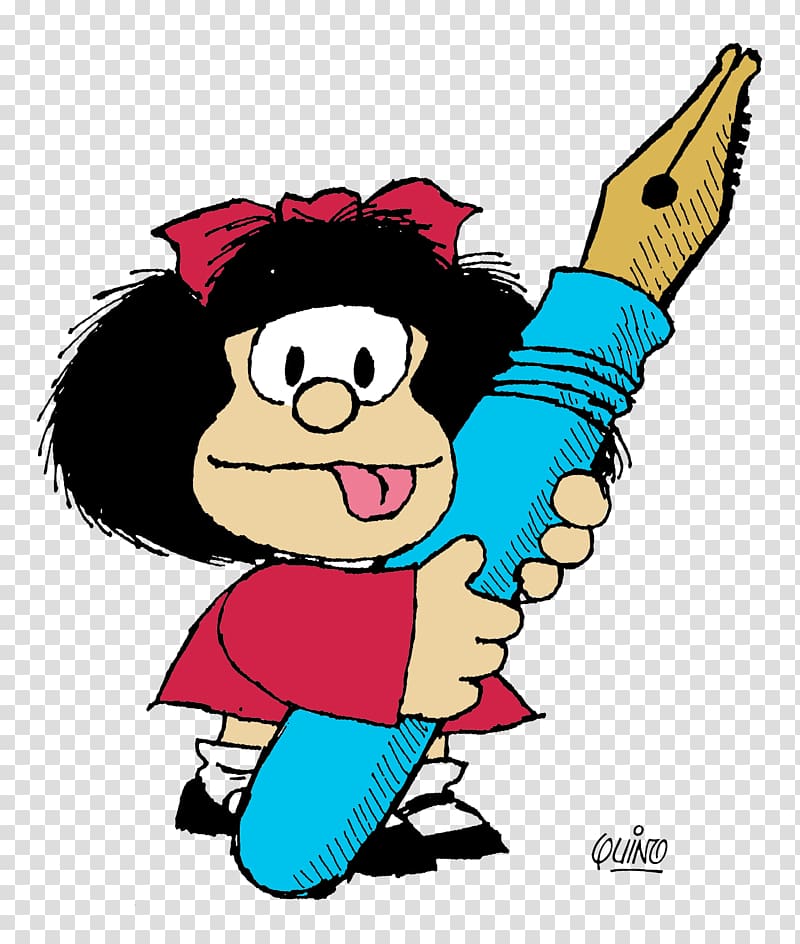 black haired girl standing while holding blue fountain pen illustration, Mafalda 10 Humour Cartoonist Comics, MAFALDA transparent background PNG clipart