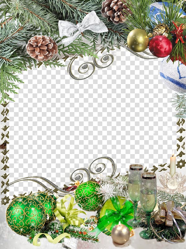 Christmas tree frame , Leafy ball bow border transparent background PNG clipart
