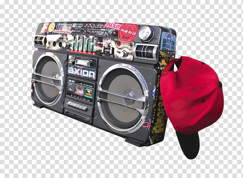 black and red cap beside black boombox with red and black fitted cao, Hip hop music Boombox, Hip-hop elements transparent background PNG clipart