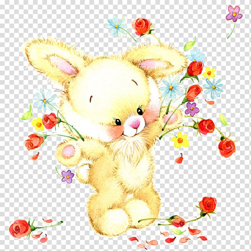 Watercolor painting illustration Illustration, Rabbit throwing flowers transparent background PNG clipart
