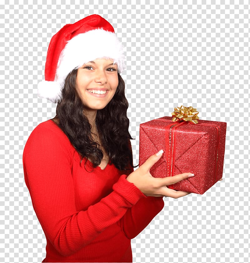 woman holding red gift box, Santa Claus Woman Gift transparent background PNG clipart