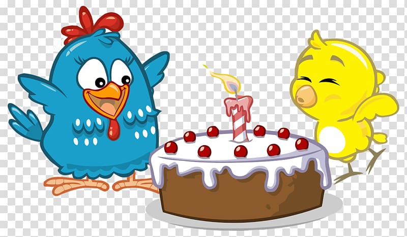 blue and yellow birds with cake illustration, Galinha Pintadinha Birthday cake Chicken Paper, chicken rice flower transparent background PNG clipart