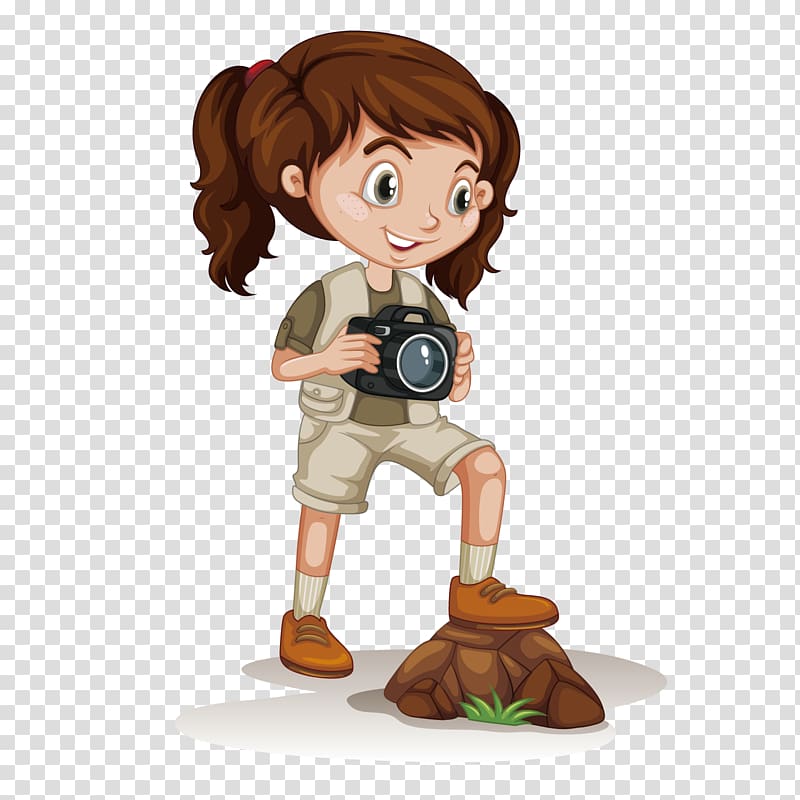 Cartoon Girl Adventure, Girl holding a camera transparent background PNG clipart