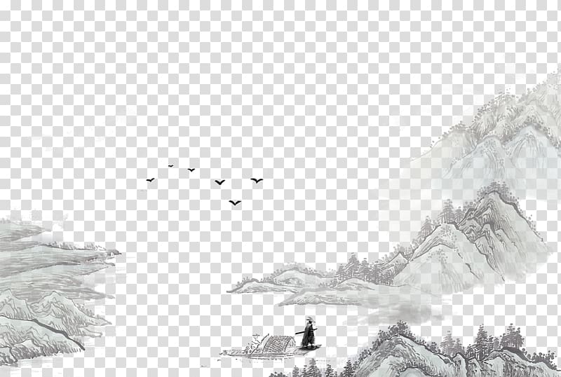 man in boat on water illustration, China Shan shui Ink wash painting Landscape painting, Black and white landscape transparent background PNG clipart