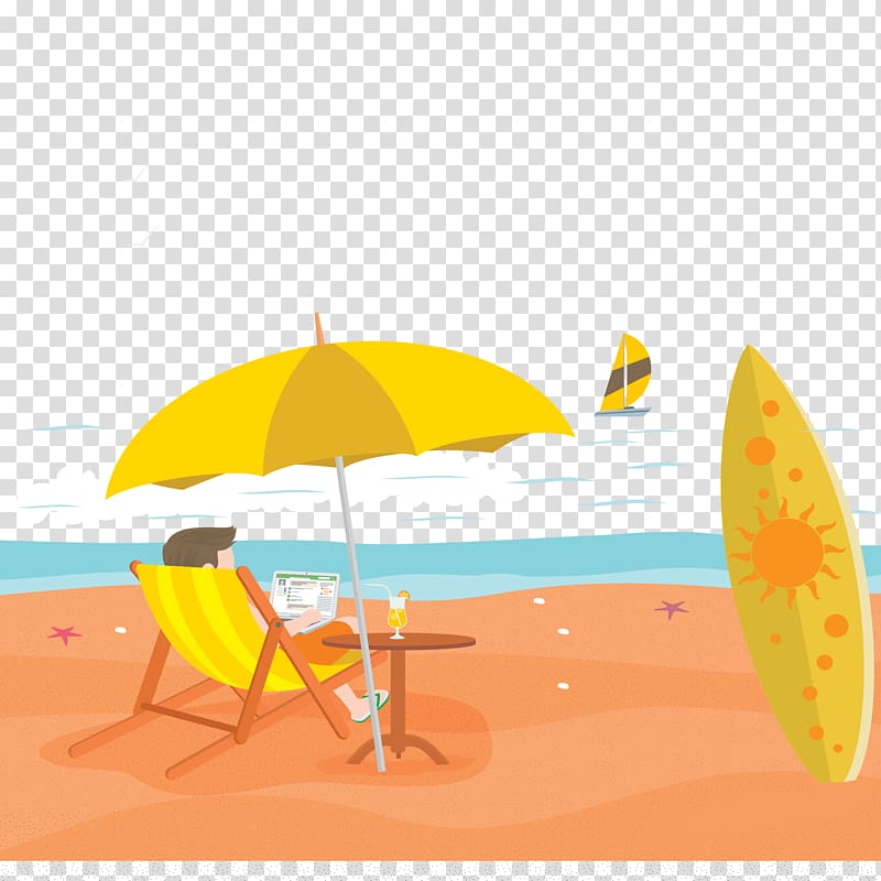 man sitting on folding chair beside table with umbrella on seashore illustration, Beach Summer Vacation Illustration, Great camping graffiti illustrator material transparent background PNG clipart