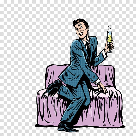 Couch Cartoon Illustration, Man sitting on the couch drinking transparent background PNG clipart