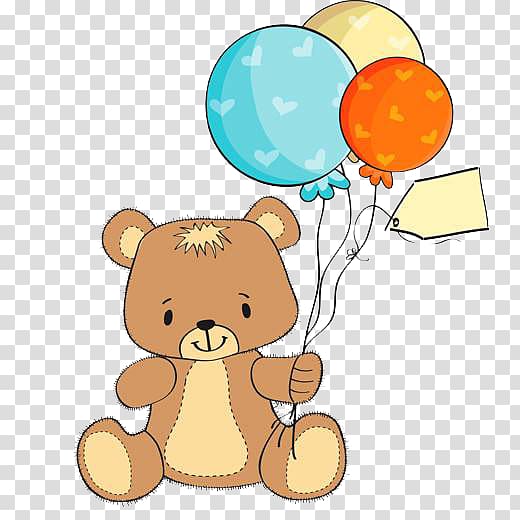 brown bear plush toy holding three assorted-color balloons , Teddy bear Wedding invitation Baby shower Greeting card, Holding the balloon bear transparent background PNG clipart