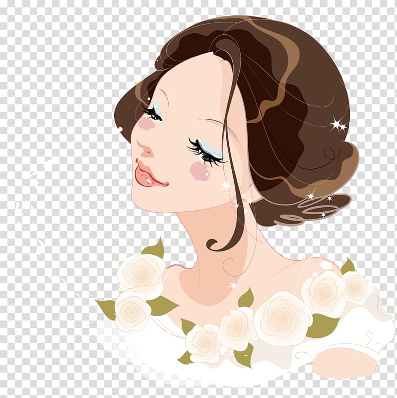 woman with brown hair animated illustration, Flowers beautiful transparent background PNG clipart
