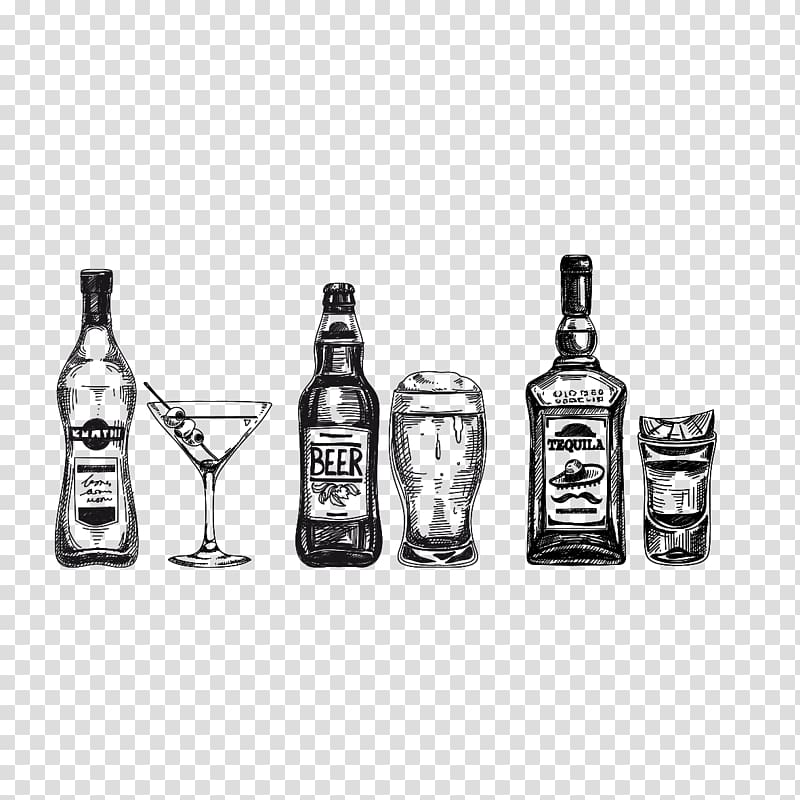 liquor bottles and martini glass illustration, Whiskey Distilled beverage Cocktail Cognac Tequila, Hand-painted wine free transparent background PNG clipart