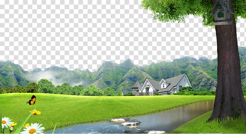 tree near house illustration, Lawn Landscape Villa, Town landscape background material transparent background PNG clipart