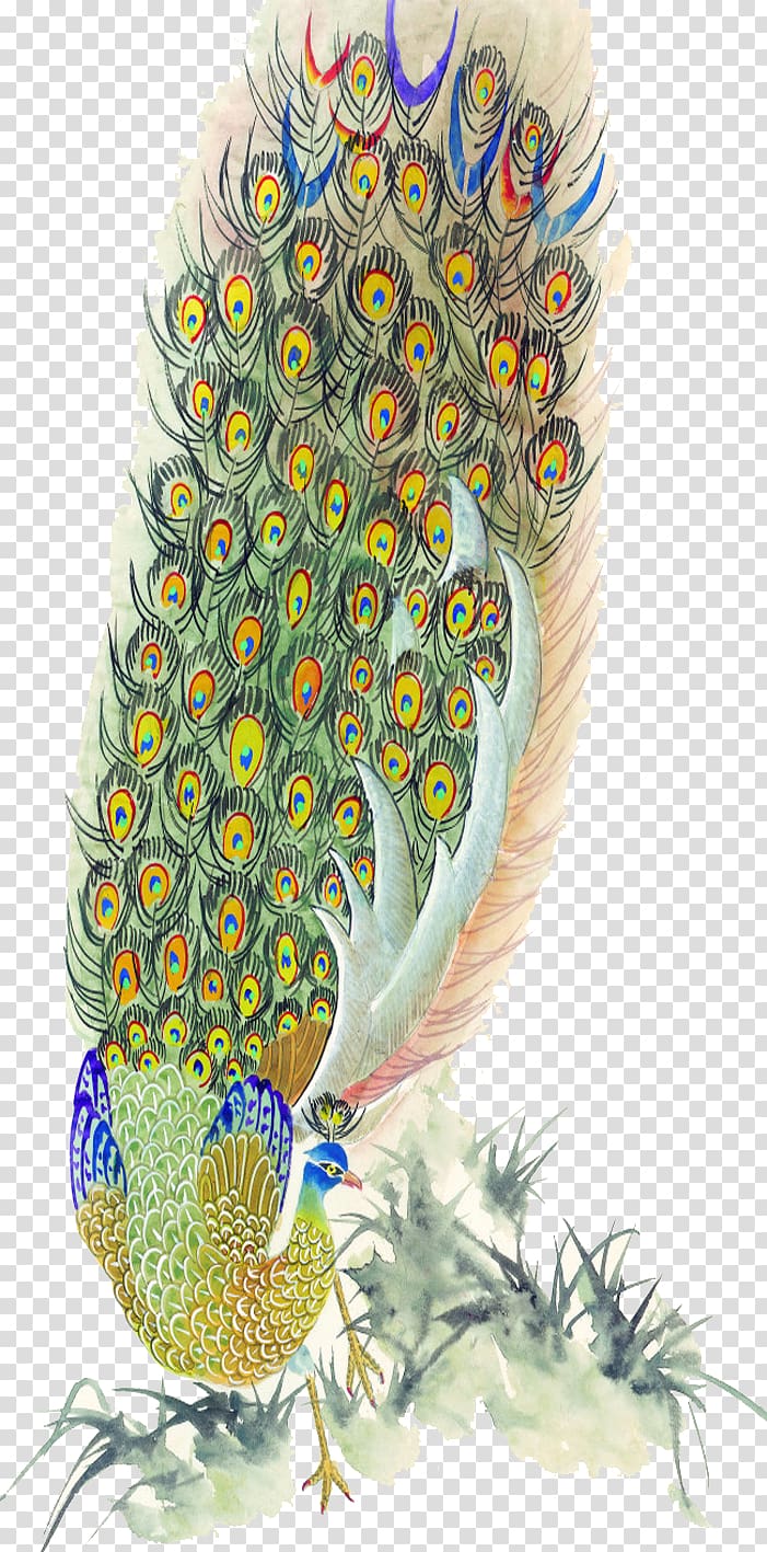 Bird Peafowl Feather Painting, Peacock feather transparent background PNG clipart
