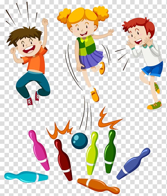 three children playing bowling, Play Illustration, Cartoon illustration for children bowling transparent background PNG clipart