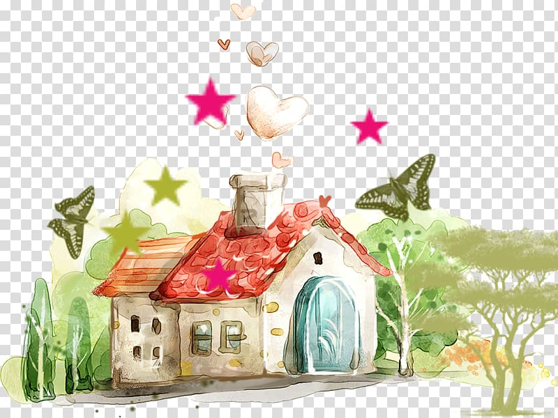 red and white house painting, World Globe , Small hand-painted fairy tale house transparent background PNG clipart