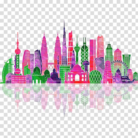 pink and green city building artwork, Asia Skyline Silhouette Illustration, Color city transparent background PNG clipart