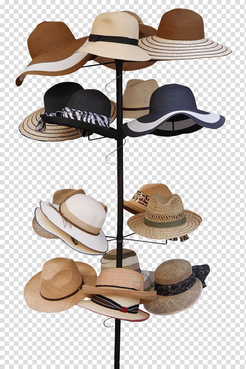 assorted hats hanging on tower rack, Hats Collection Presentation transparent background PNG clipart