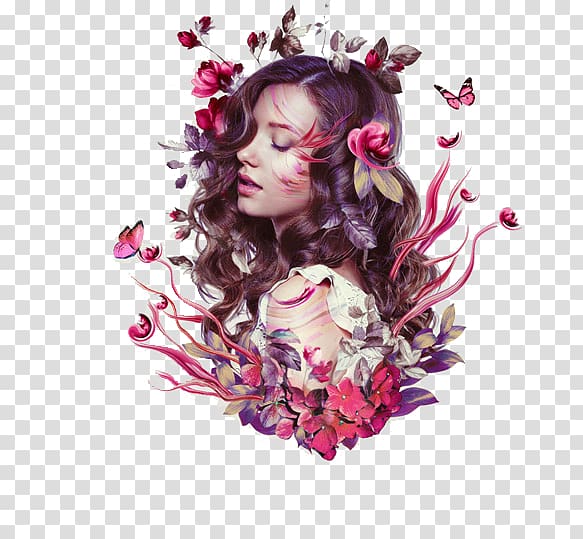woman surrounded by flowers illustration, manipulation Portrait Tutorial, Flowers Butterfly Goddess transparent background PNG clipart