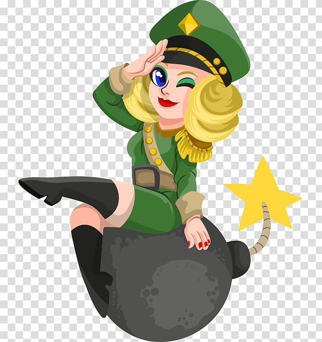 Soldier Cartoon Female , Beautiful hand-painted cartoon sitting on a bomb soldier transparent background PNG clipart