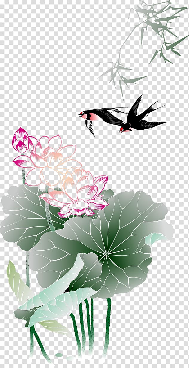 black bird illustration, Lotus Nelumbo nucifera Drawing Illustration, Lotus bamboo transparent background PNG clipart