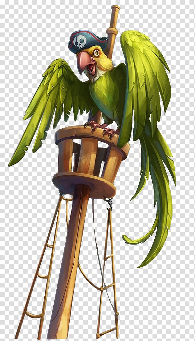 green parrot perched on ship stand against blue background, Parrot Macaw Piracy, Pirate parrot with green cap transparent background PNG clipart