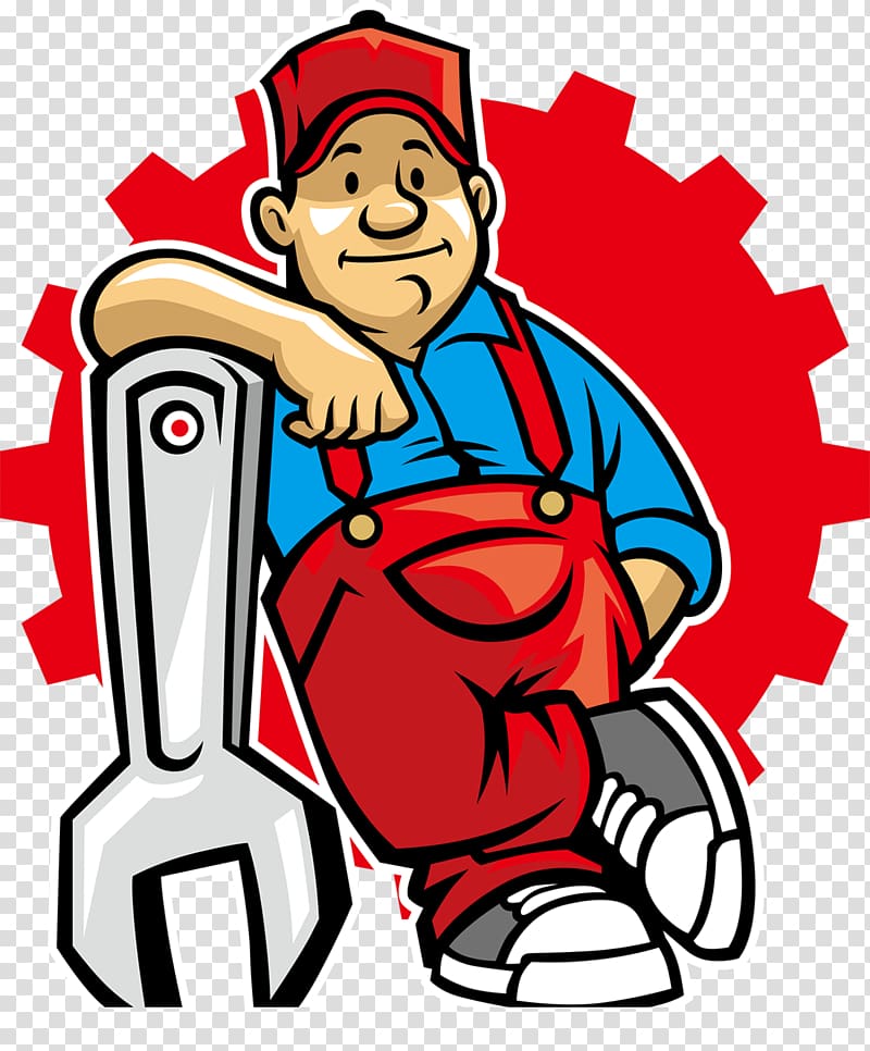man leaning on grey wrench illustration, Car Maintenance Mechanic , Beautiful cartoon decoration workers tools transparent background PNG clipart