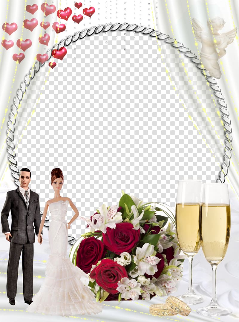 wedding couple dolls beside bouquet of flowers and wine glasses, Frames Wedding anniversary Wedding Bride, wedding transparent background PNG clipart
