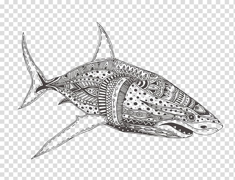 Great white shark Coloring book Adult Drawing, Black and white shark transparent background PNG clipart