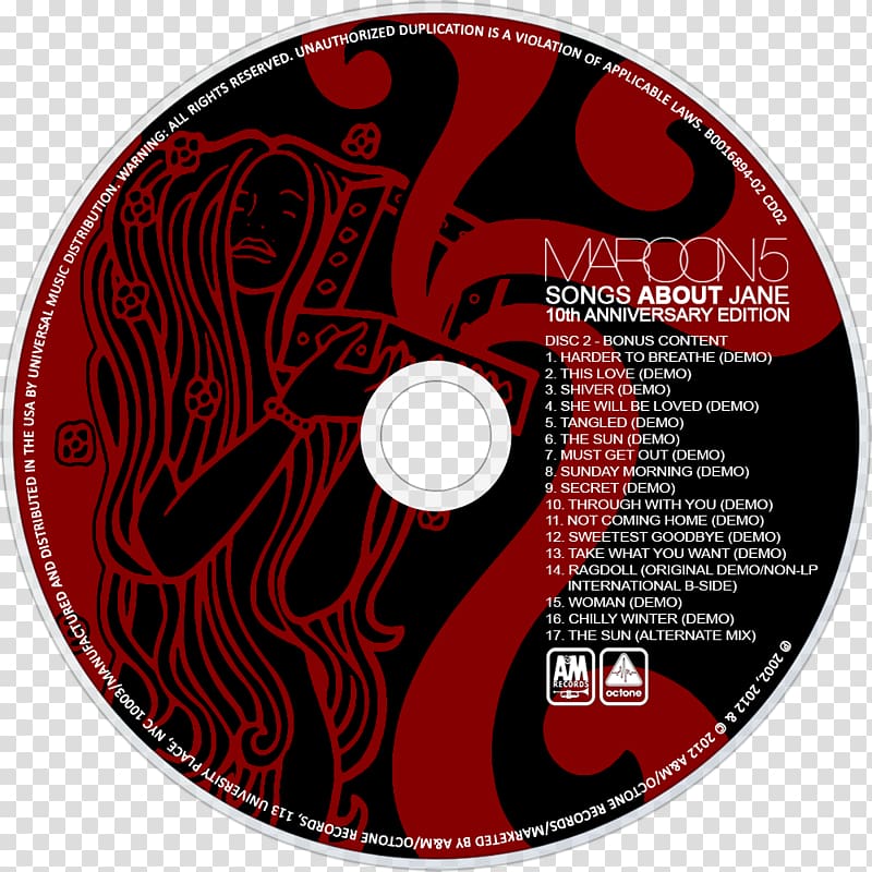 Compact disc Songs About Jane Maroon 5 Overexposed Album, Maroon 5 transparent background PNG clipart