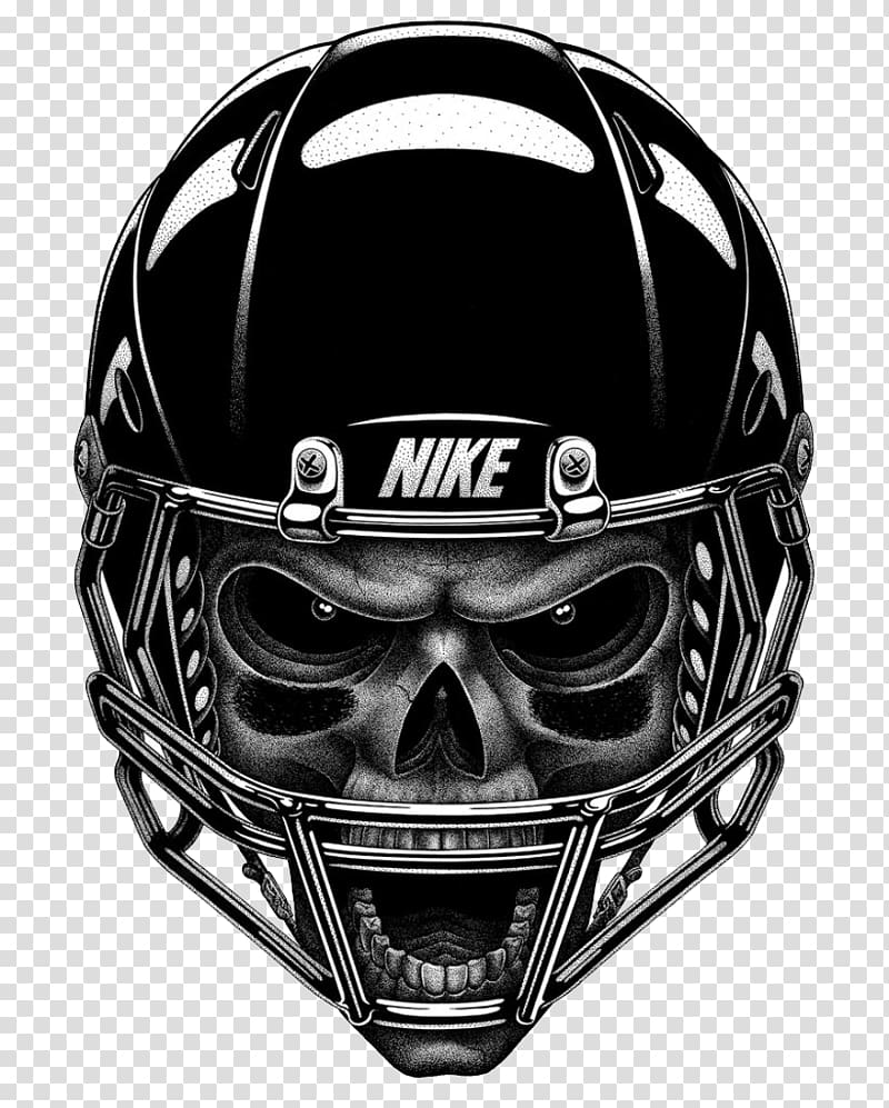 gray skull wearing black Nike football helmet illustration, Oakland Raiders T-shirt NFL Air Force Nike, Black skeleton helmet transparent background PNG clipart