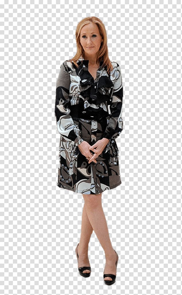 woman wearing black, gray, and white long-sleeved button-up dress, JK Rowling Full transparent background PNG clipart