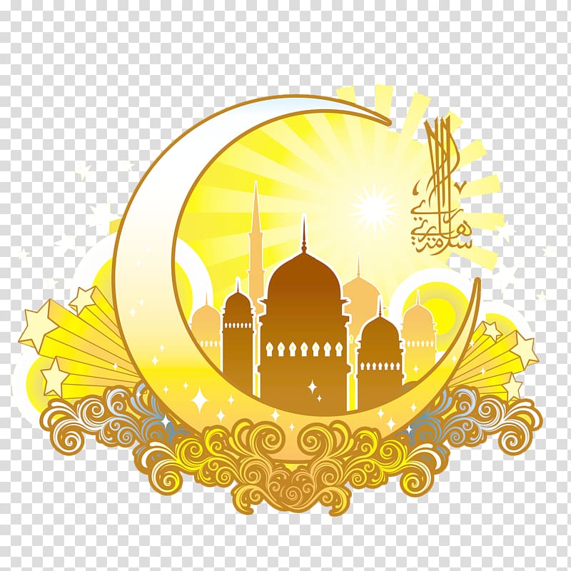 Eid al-Fitr Eid Mubarak Ramadan Greeting card Muslim, Yellow moon shaped Islamic religious designs, yellow crescent moon illustration transparent background PNG clipart