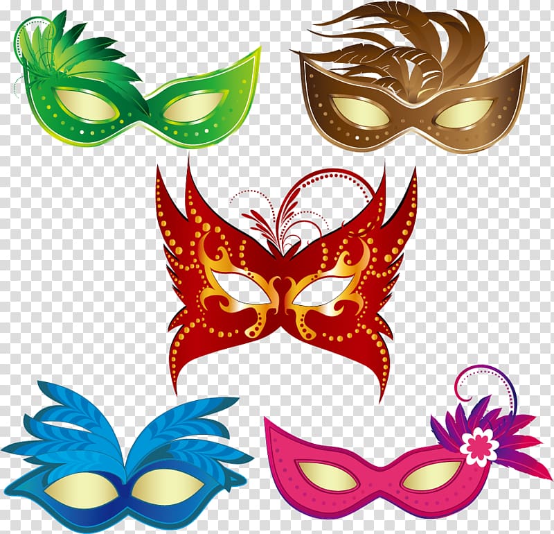 five assorted-color columbina masks, Mask Carnival Masquerade ball , Cartoon dance and carnival masks transparent background PNG clipart