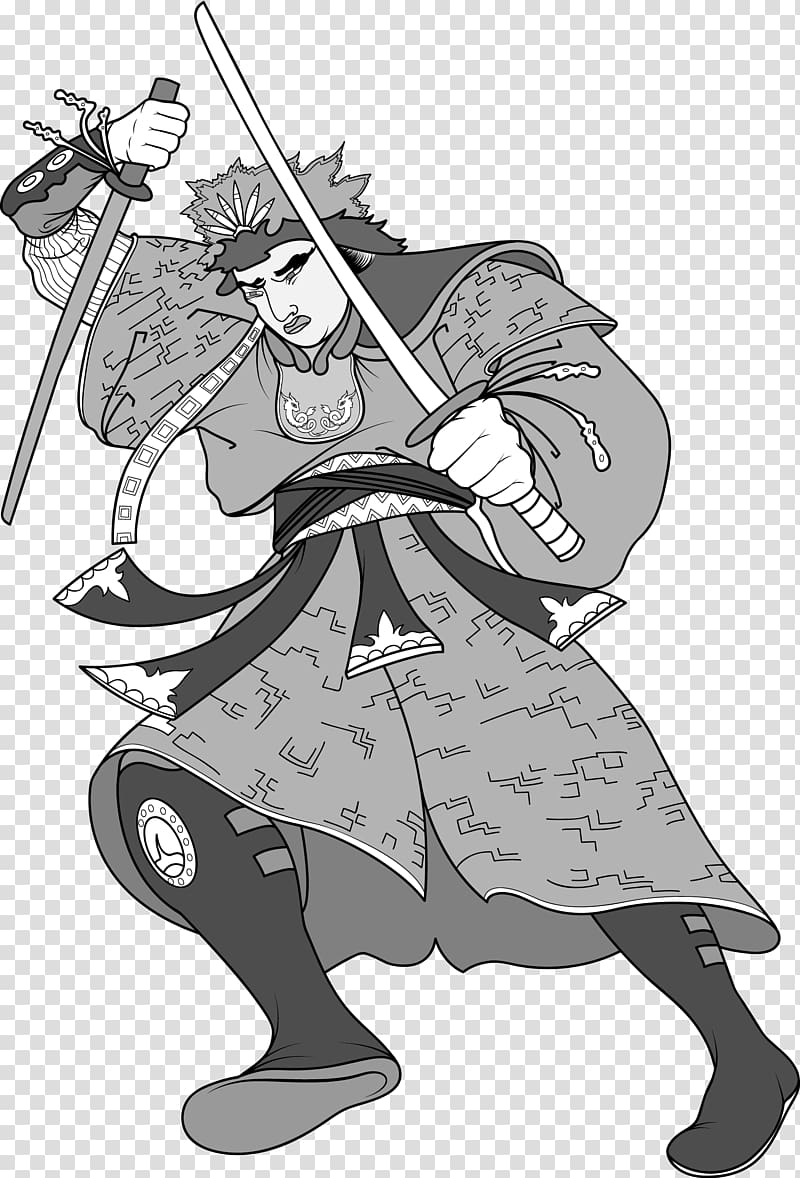 Black and white Samurai Ninja Illustration, Japanese ninja bodyguard warrior black and white transparent background PNG clipart