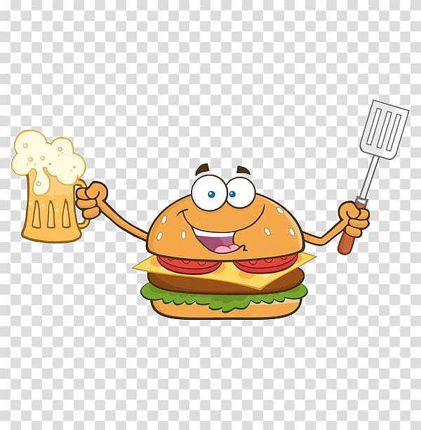 Hamburger Hot dog Beer Barbecue Steak, Hamburger with beer and fork transparent background PNG clipart