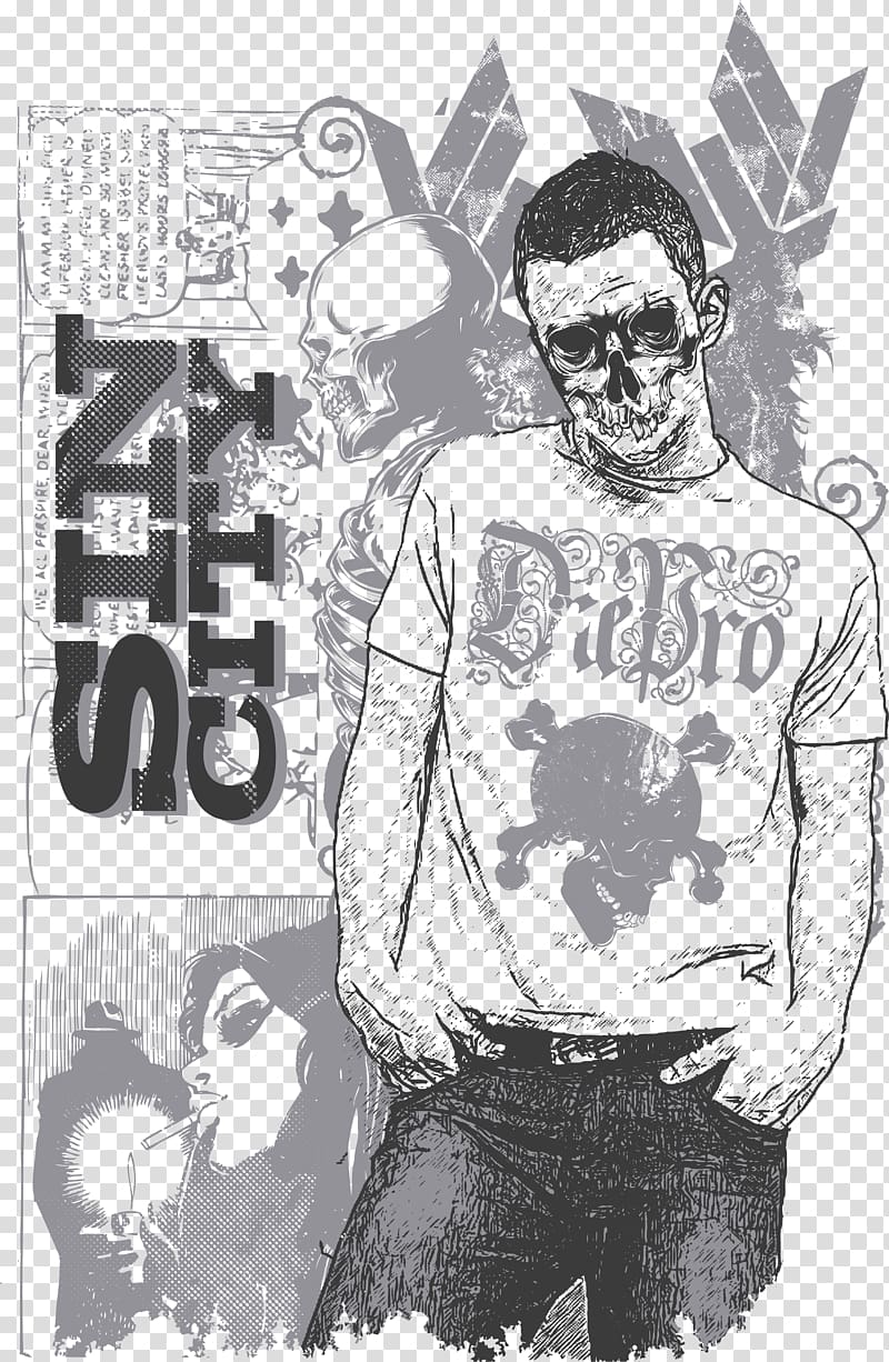 man wearing skull graphic shirt illustration and Sin City text overlay, Printed T-shirt Printing, Skeleton Man printing transparent background PNG clipart